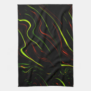 Showy green and red long wavy traces on black fund tea towel