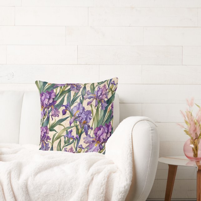 Showy Purple Iris on Ecru Scroll Cushion (Couch)