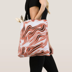 Showy salmon to red long wavy traces on white fund tote bag