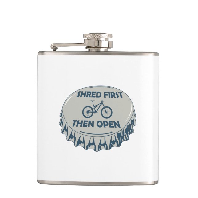 Shred First Then Open Mountain Biking Hip Flask (Front)