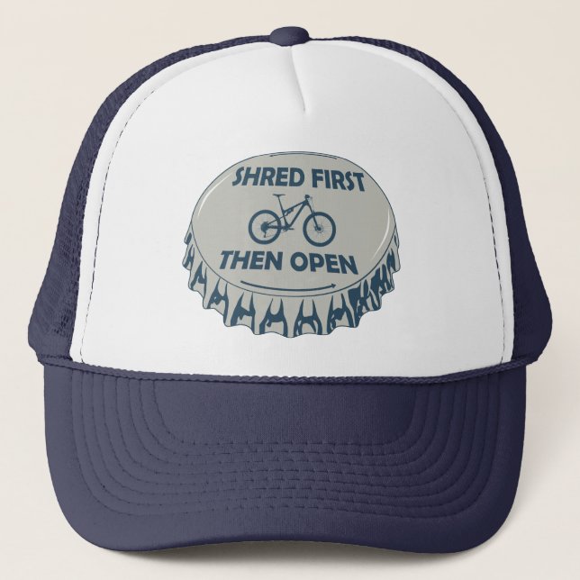 Shred First Then Open Mountain Biking Trucker Hat (Front)