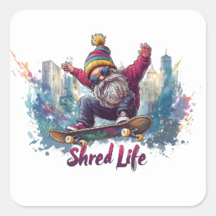 Shred Life - Cool Skateboarding Gnome Square Sticker