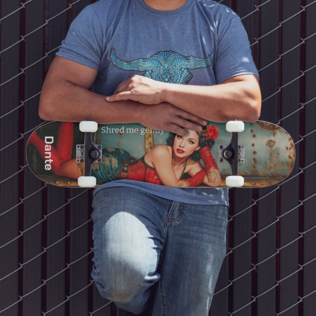 "Shred me gently" steampunk pinup girl painting Skateboard (Outdoor 3)