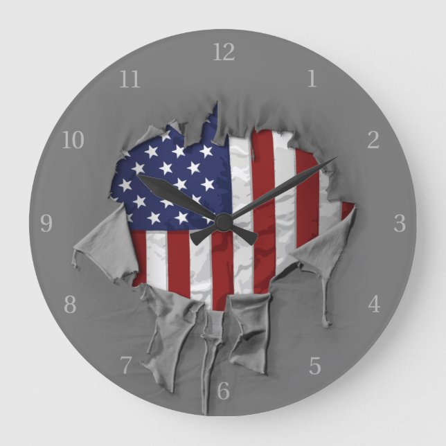 Shredded, Ripped and Torn American Flag Large Clock (Front)
