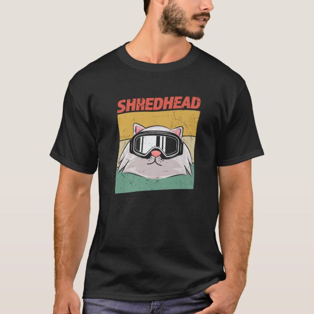 Shredhead Funny Snowboarding Cat In Goggles T-Shirt (Front)