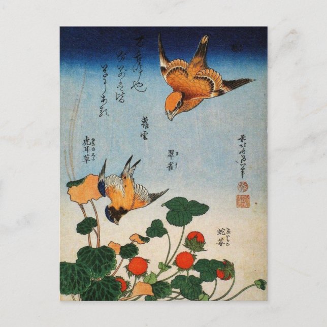 Shrike, Jay, Saxifrage and Strawberry (by Hokusai) Postcard (Front)