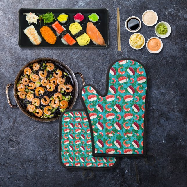 Shrimp and sushi  blue oven mitt & pot holder set (Creator Uploaded)