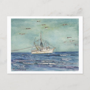 Shrimp Boat Watercolor. Postcard. Postcard