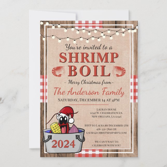 Shrimp Boil Rustic Seafood Christmas Holiday Party Invitation (Front)