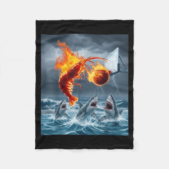 Shrimp Dunking Basketball Hilarious Brainrot Shark Fleece Blanket (Front)