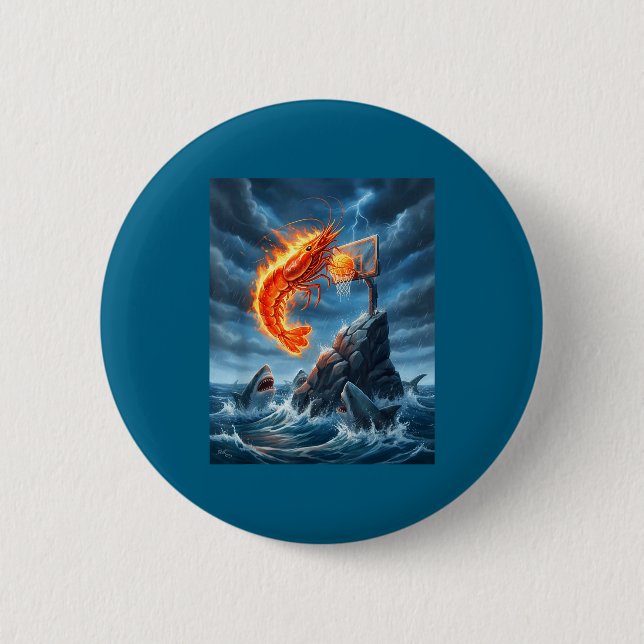 Shrimp Dunking On Shark Funny Fishing Meme Basketb 6 Cm Round Badge (Front)