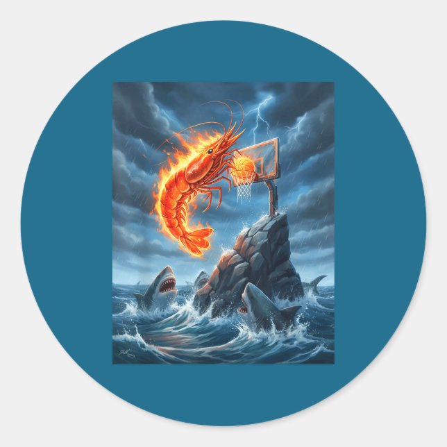 Shrimp Dunking On Shark Funny Fishing Meme Basketb Classic Round Sticker (Front)