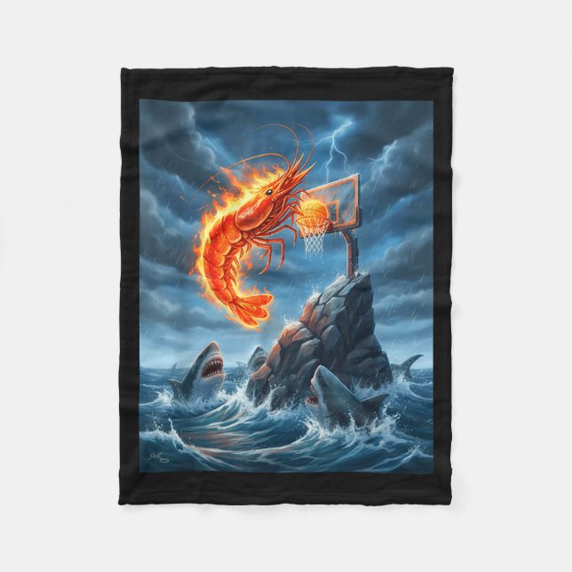 Shrimp Dunking On Shark Funny Fishing Meme Basketb Fleece Blanket (Front)
