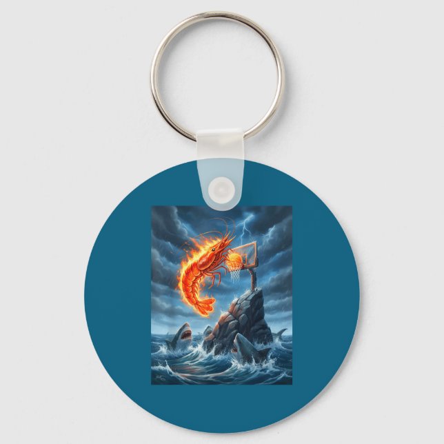 Shrimp Dunking On Shark Funny Fishing Meme Basketb Key Ring (Front)