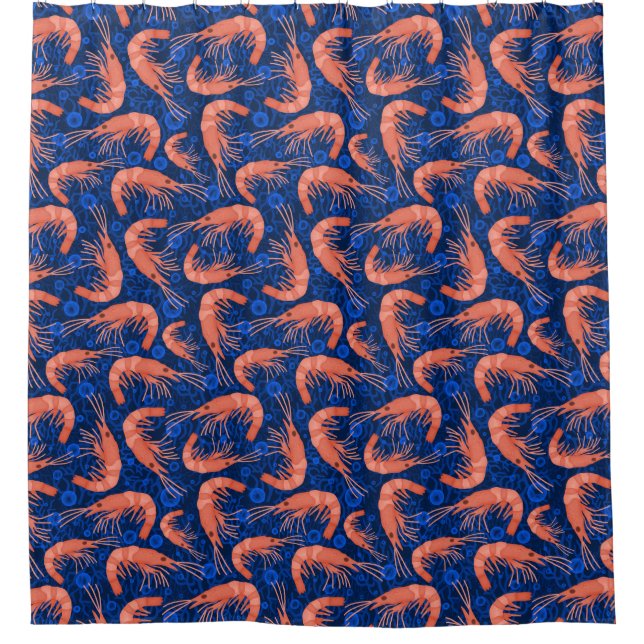 Shrimp Prawn Coral Ocean Bubble Nautical Navy Blue Shower Curtain (Front)