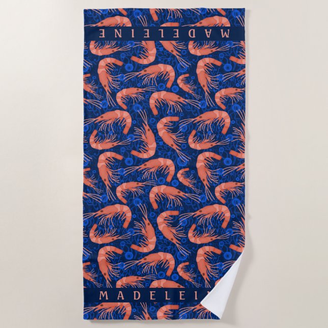 Shrimp Prawn Coral Ocean Bubbles Coastal Navy Blue Beach Towel (Front)