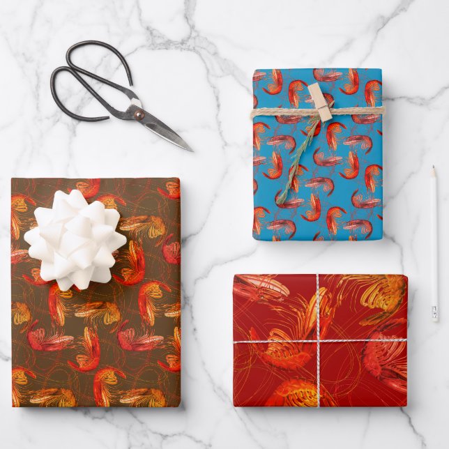 Shrimp Prawns Colourful Sea Life Pattern Wrapping Paper Sheet (Front)
