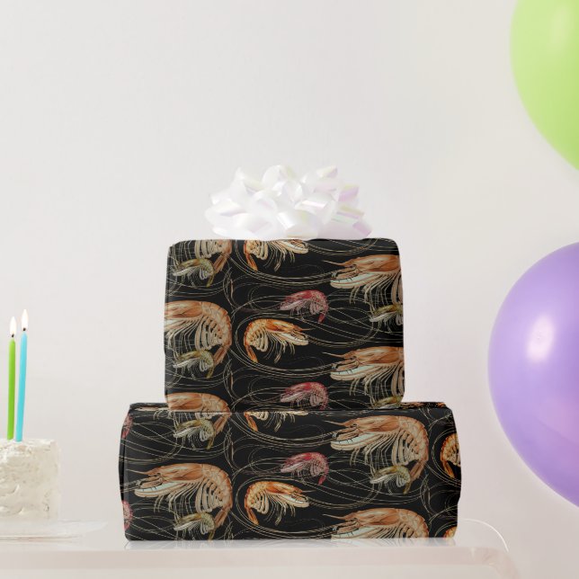 Shrimp Seafood Shellfish Pattern Black Wrapping Paper (Party Gifts)