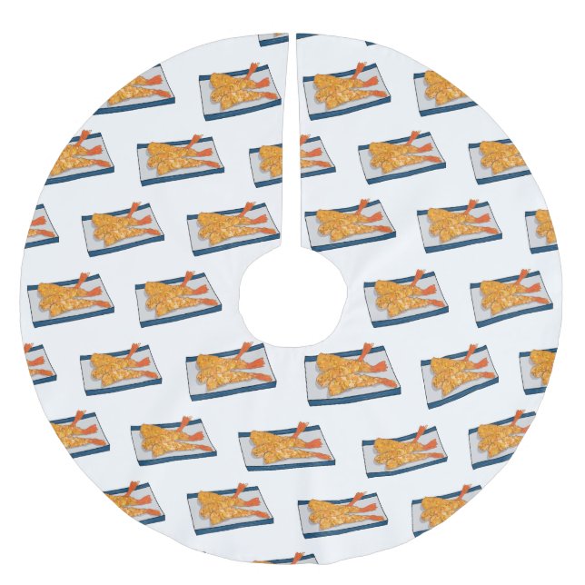 Shrimp tempura cartoon illustration brushed polyester tree skirt (Front)