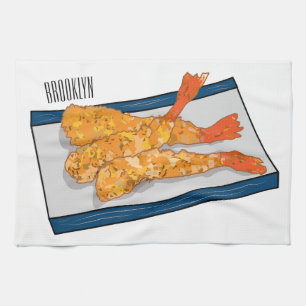 Shrimp tempura cartoon illustration tea towel