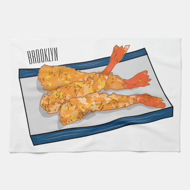 Shrimp tempura cartoon illustration tea towel (Horizontal)