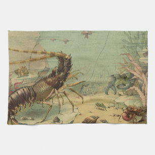 Shrimp, Underwater Sea Life, Vintage Ocean Animals Tea Towel