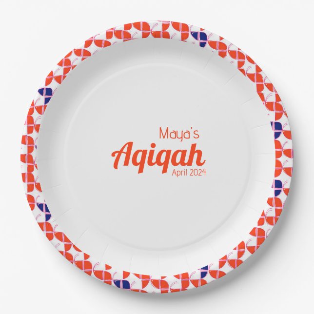 SHRIMPLY White Orange Pattern, Aqiqah Baby Shower Paper Plate (Front)