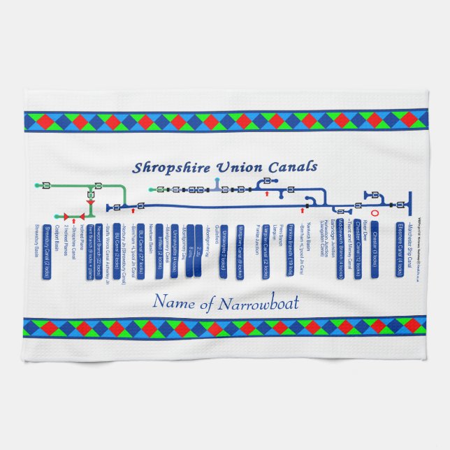 Shropshire Union Canal Route Map UK Waterways Blue Tea Towel (Horizontal)