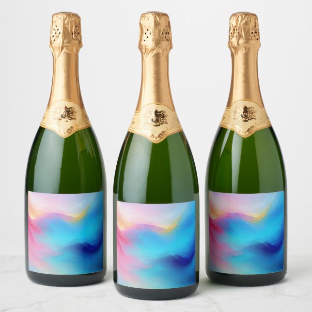 “Shroudglen” Pink and Blue Landscape Seascape.  Sparkling Wine Label (Bottles)