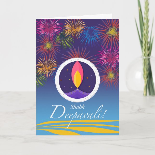 Shubh Deepavali, Diwali Diya and Fireworks Card (Front)