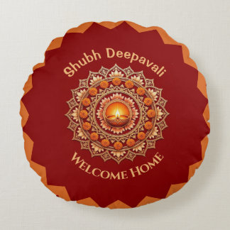Shubh Deepavali Festival of Light Welcome Home Red Round Cushion