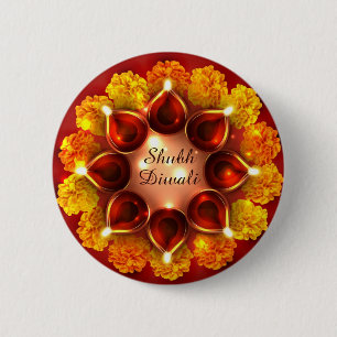 Shubh Diwali Diyas and Marigolds 6 Cm Round Badge