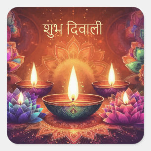 Shubh Diwali Lotus Diya Festival of Light Floral Square Sticker