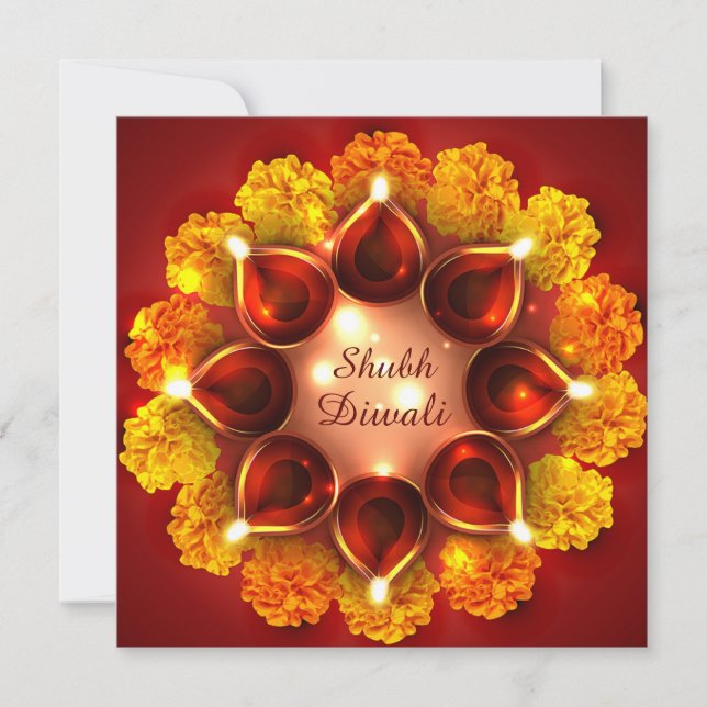 Shubh Diwali Merigold Gold Diya Festival of Light Holiday Card (Front)