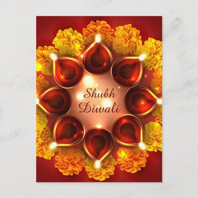 Shubh Diwali Merigold Gold Diya Festival of Light Holiday Postcard (Front)