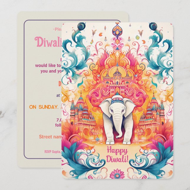 🐘 Shubh Diwali with Watercolor Elegance  Invitation (Front/Back)