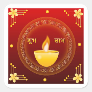 Shubh Labh Diwali Golden Diya Red Traditional Square Sticker