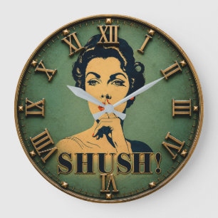 Shush Funny Retro Lady Quiet Please Humor Gift Large Clock