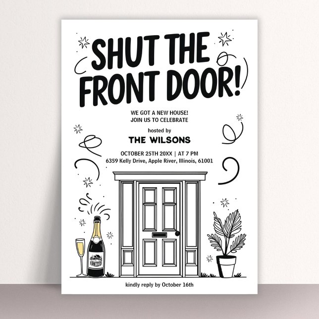Shut the Front Door New Home Funny Housewarming Invitation (Funny Housewarming Invitation Shut the Front Door! New Home Celebration Invite)