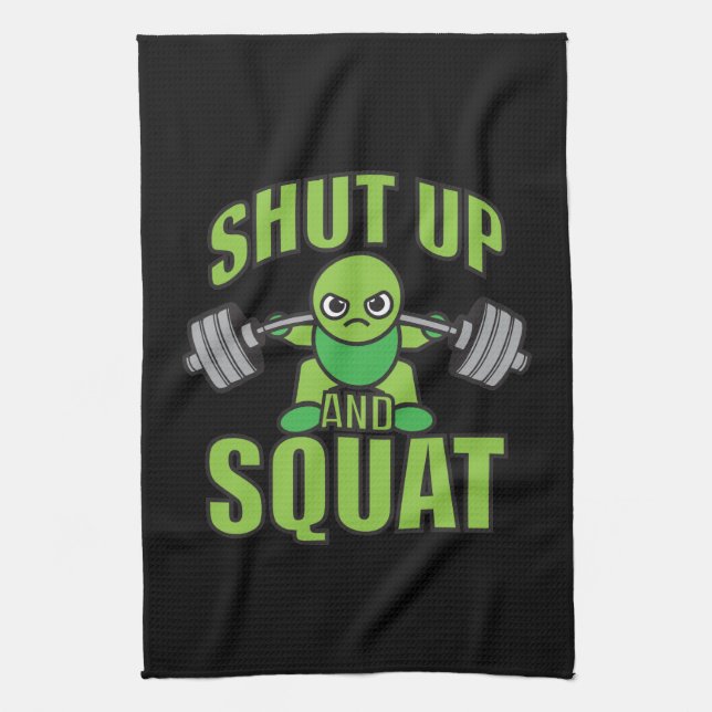 Shut Up And Squat Kawaii Anime Powerlifter Cartoon Tea Towel (Vertical)