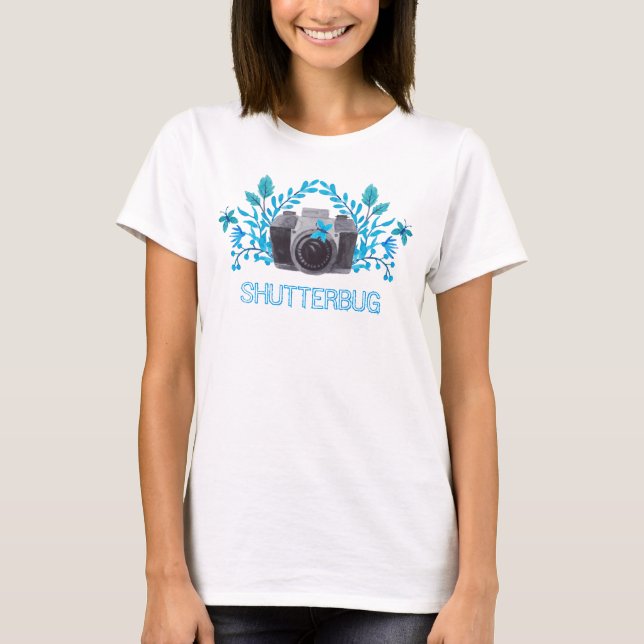 Shutterbug Camera With Blue Leaves And Butterflies T-Shirt (Front)