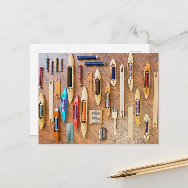 Shuttles Bobbins and Weaving Tools Postcard (Front/Back In Situ)