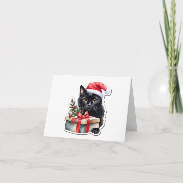 Shy Black Santa Kitten with Present BLANK  Holiday Card (Front)