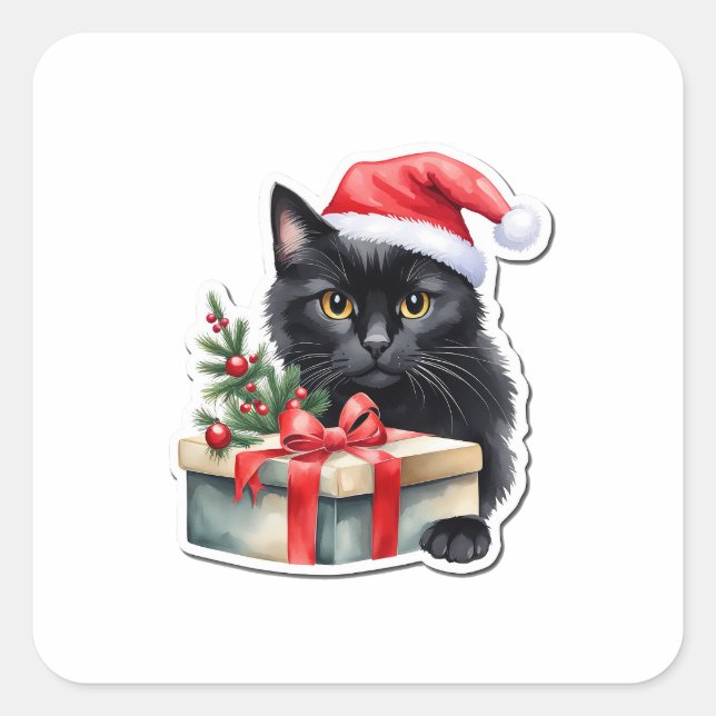 Shy Black Santa Kitten with Present  Square Sticker (Front)