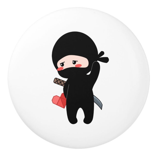 Shy Blushing Ninja Holding Origami Paper Heart Ceramic Knob (Front)