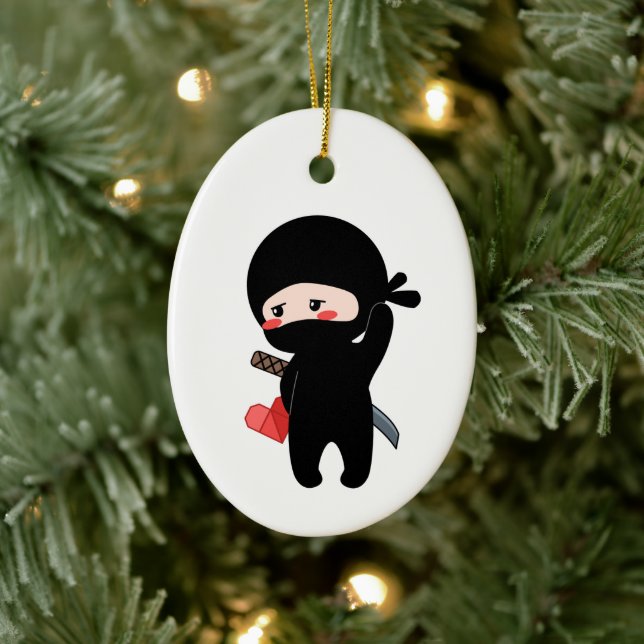 Shy Blushing Ninja Holding Origami Paper Heart Ceramic Tree Decoration (Tree)