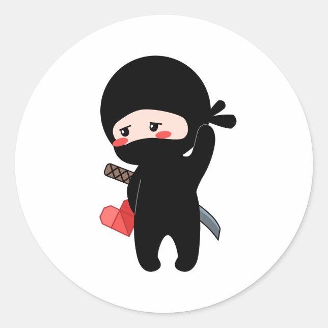 Shy Blushing Ninja Holding Origami Paper Heart Classic Round Sticker (Front)