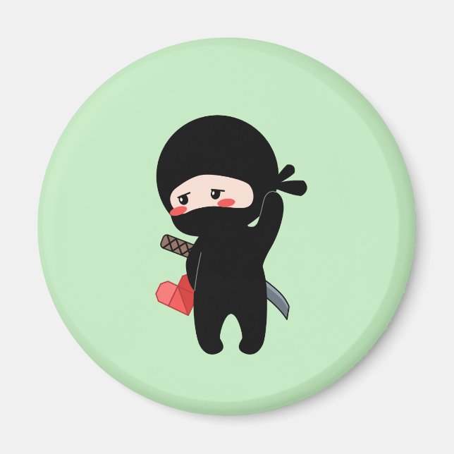 Shy Blushing Ninja Holding Origami Paper Heart Magnet (Front)