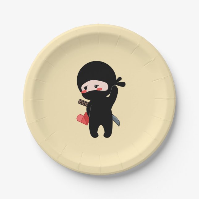 Shy Blushing Ninja Holding Origami Paper Heart Paper Plate (Front)