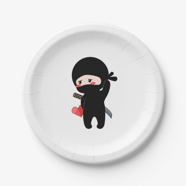 Shy Blushing Ninja Holding Origami Paper Heart Paper Plate (Front)